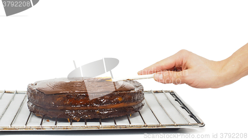 Image of Pastry chef making final touches to a sacher chocolate cake with