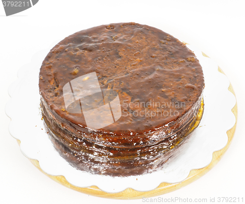 Image of Half stage on sacher torte chocolate cake on silver mirror plate