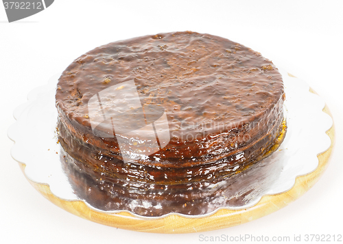 Image of Half stage on sacher torte chocolate cake on silver mirror plate