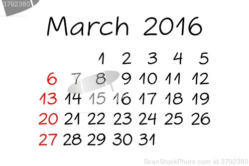 Image of March Year 2016 Calendar Handwritten