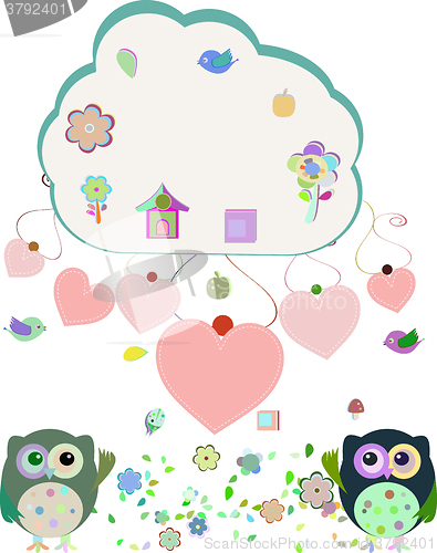 Image of owls, birds, flowers, cloud and love heart, vector illustration