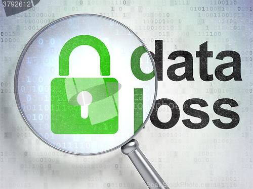 Image of Data concept: Closed Padlock and Data Loss with optical glass