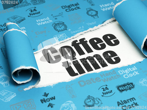 Image of Timeline concept: black text Coffee Time under the piece of  torn paper