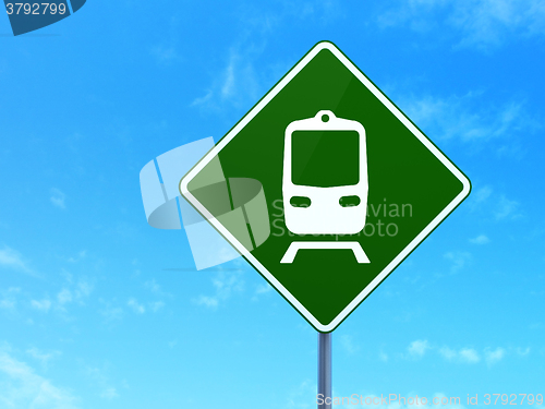 Image of Tourism concept: Train on road sign background