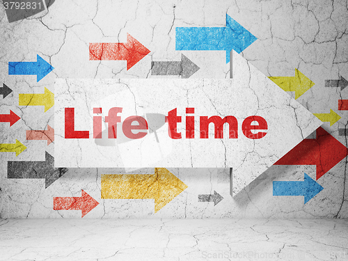 Image of Timeline concept: arrow with Life Time on grunge wall background