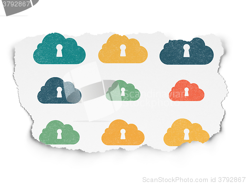 Image of Cloud technology concept: Cloud With Keyhole icons on Torn Paper background