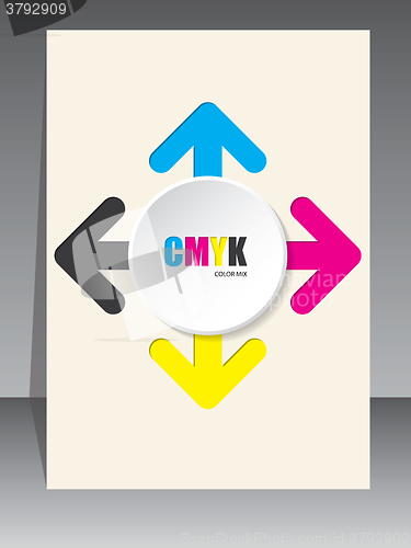 Image of Cmyk brochure with color arrows and white 3d circle