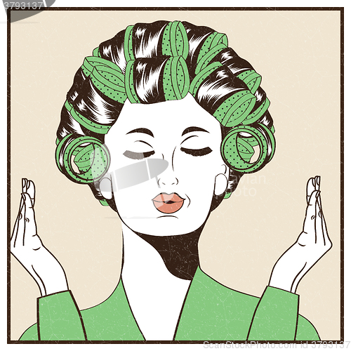 Image of Woman with curlers in their hair. Pop Art illustration.