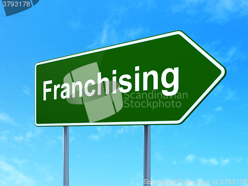 Image of Finance concept: Franchising on road sign background