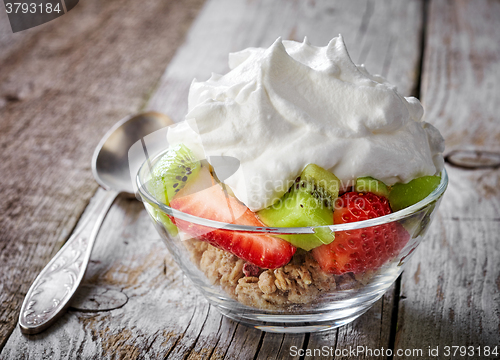 Image of dessert with fruits and whipped cream