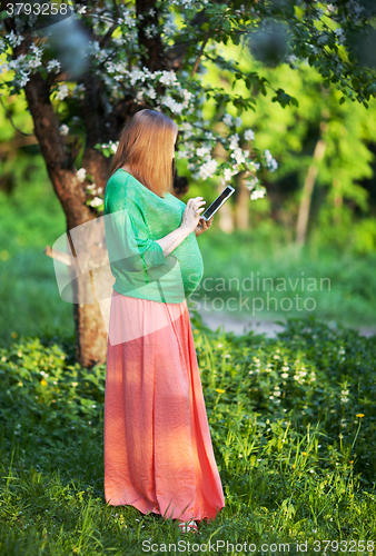 Image of Pregnant woman using tablet PC in green park