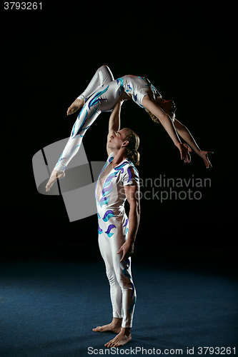 Image of Circus artists perform different tricks.