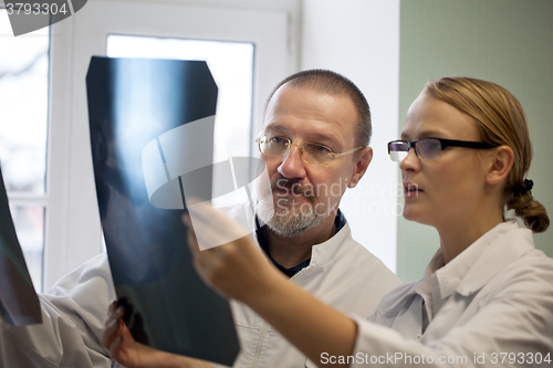 Image of Senior and young doctors examining x-ray images