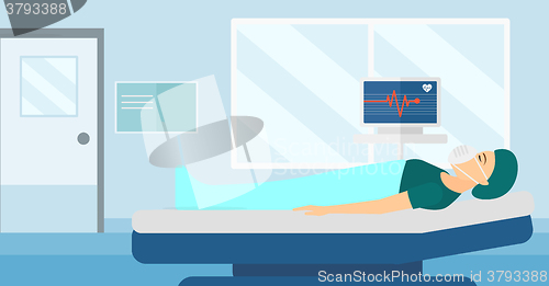 Image of Patient lying in hospital bed with heart monitor.