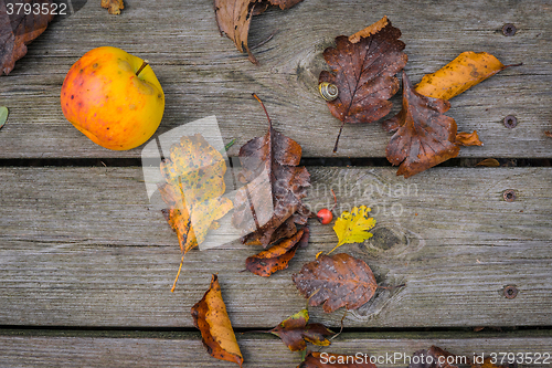 Image of Wooden background with autumn apple