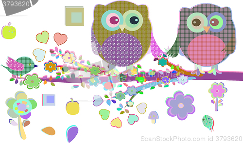 Image of Valentine boy and girl owls sat on a tree branch, vector illustration