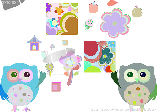 Image of sweet owls, flowers vector