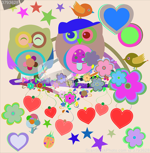 Image of vector Two cute owls and bird on the flower tree branch