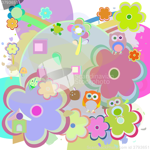 Image of birthday party elements with cute owls and birds vector