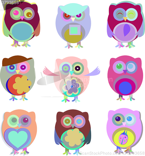 Image of Set of vector cartoon owls with various emotions