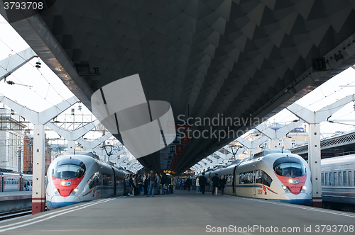 Image of High speed train Sapsan departs from the railway station