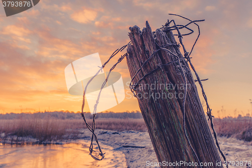 Image of Wooden fence post with barb wire