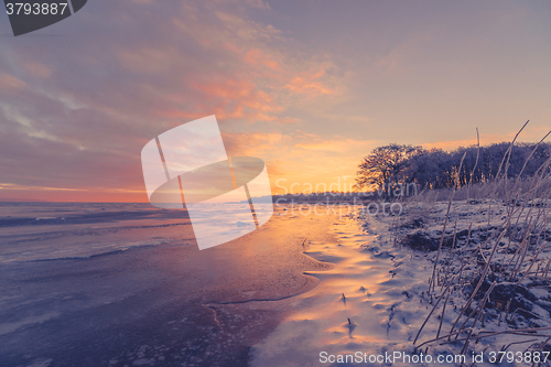 Image of Beautiful sunrise at a frozen sea shore