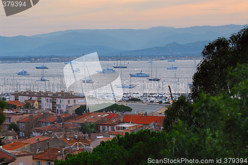 Image of St.Tropez harbor at sunset