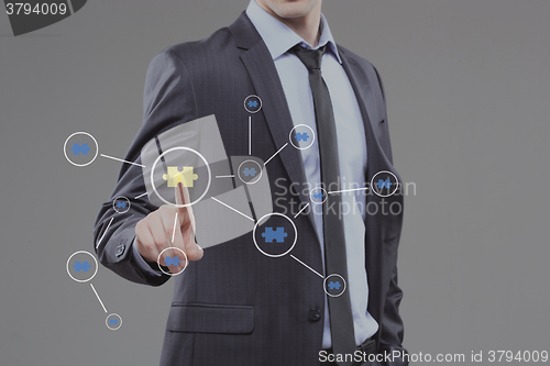 Image of Close up of businessman hand touching abstract puzzle piece. technology and internet concept.