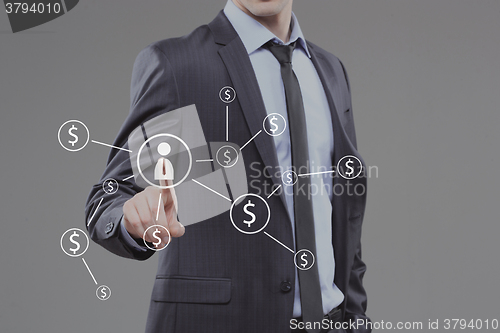 Image of Businessman pushing button with icon worker. dollar virtual