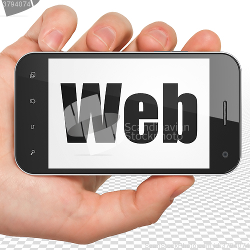 Image of Web design concept: Hand Holding Smartphone with Web on display