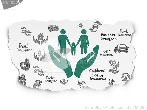 Image of Insurance concept: Family And Palm on Torn Paper background