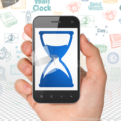 Image of Timeline concept: Hand Holding Smartphone with Hourglass on display