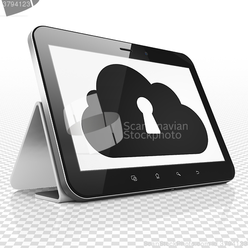 Image of Cloud computing concept: Tablet Computer with Cloud With Keyhole on display