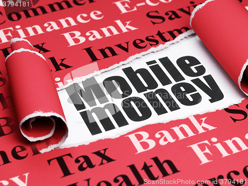 Image of Currency concept: black text Mobile Money under the piece of  torn paper