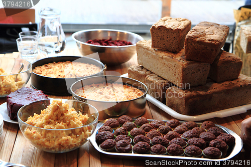 Image of homemade food bread, apple pie and chocolate dessert