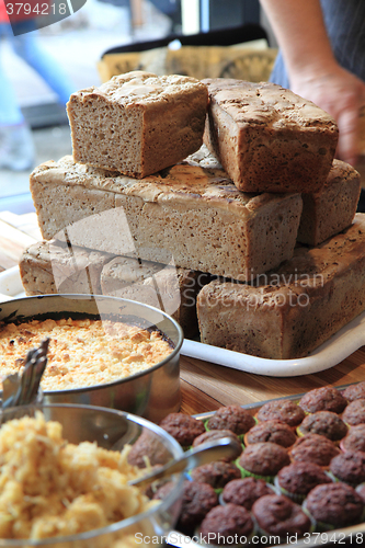 Image of homemade food bread, apple pie and chocolate dessert