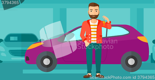 Image of Man holding key from new car.