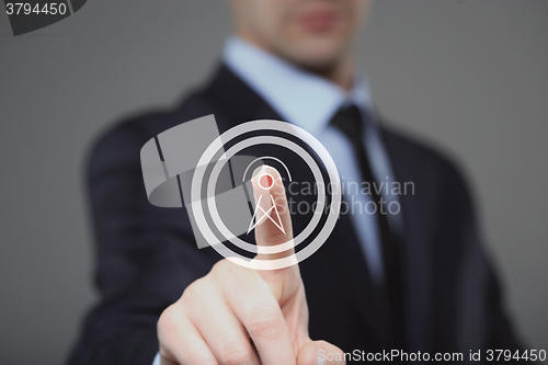 Image of businessman presses radio tower icon . business and technology concept