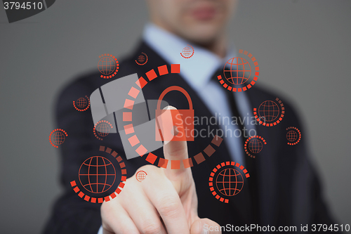 Image of  businessman pressing cyber security button on virtual screens