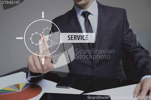 Image of technology, internet and networking concept - businessman pressing service button on virtual screens