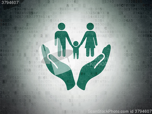 Image of Insurance concept: Family And Palm on Digital Paper background