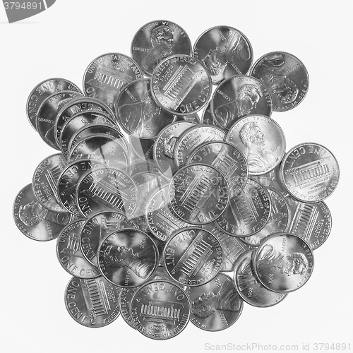 Image of Black and white Dollar coins 1 cent wheat penny