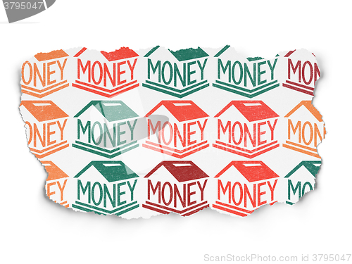 Image of Currency concept: Money Box icons on Torn Paper background