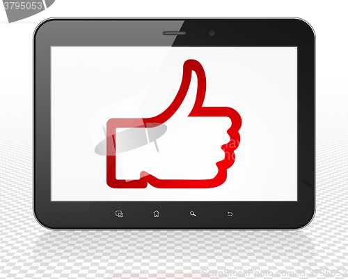 Image of Social media concept: Tablet Pc Computer with Thumb Up on display