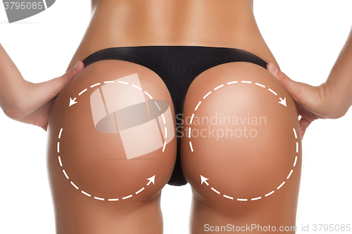 Image of plastic surgery, beauty, people and bodycare concept. female ass with lines