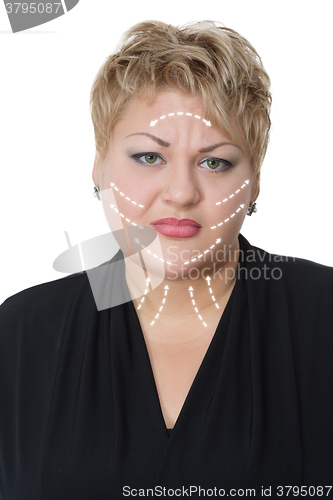 Image of Portrait of fat woman with arrows on her face