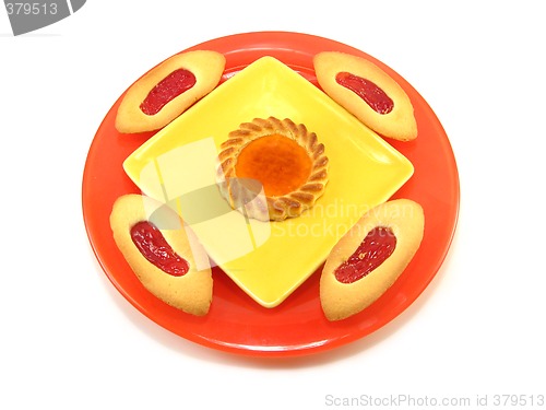 Image of tarts on a red plate