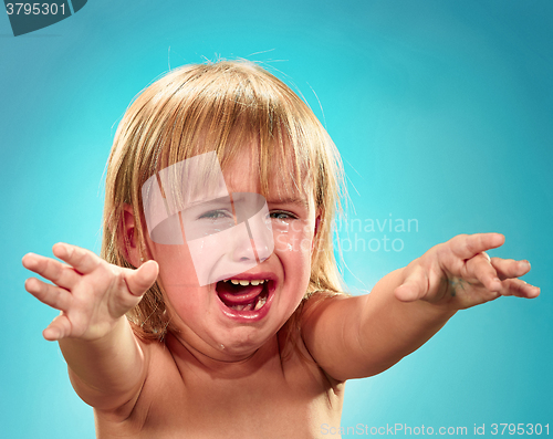 Image of Portrait of a little girl. She is crying