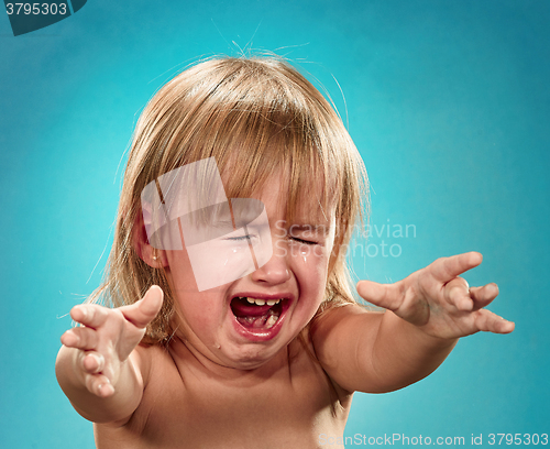 Image of Portrait of a little girl. She is crying